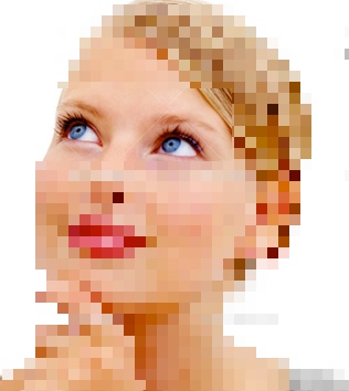 Beautiful young woman with pixelized face but eyes visible.
